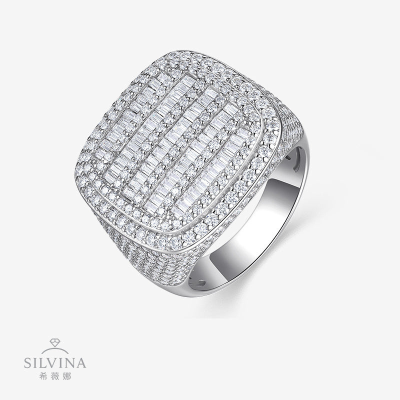 新款嘻哈指环S925纯银电镀白金莫桑石手工镶嵌国王戒指男戒