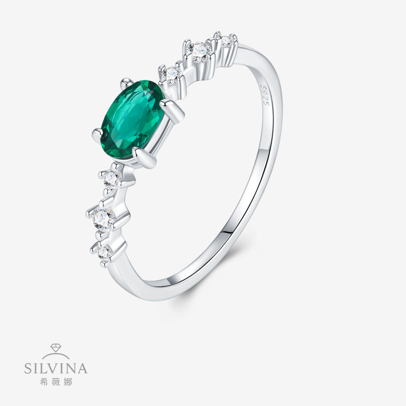 新款S925纯银镶嵌祖母绿宝石戒指简约轻奢气质指环