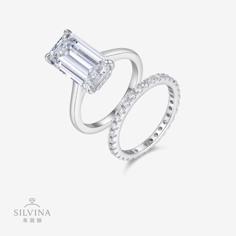 S925纯银D色莫桑石电镀18k白金闭口戒指叠戴婚戒套戒