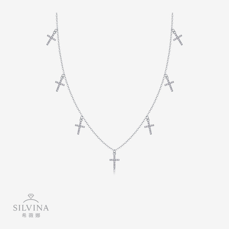 s925银莫桑石十字架吊坠项小众项链