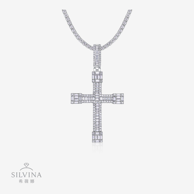 新款S925银莫桑石嘻哈十字架吊坠潮流时尚百搭项链男