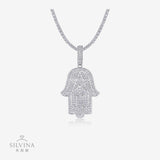 S925银新款手掌吊坠项链嘻哈说唱镶莫桑石男士饰品项坠