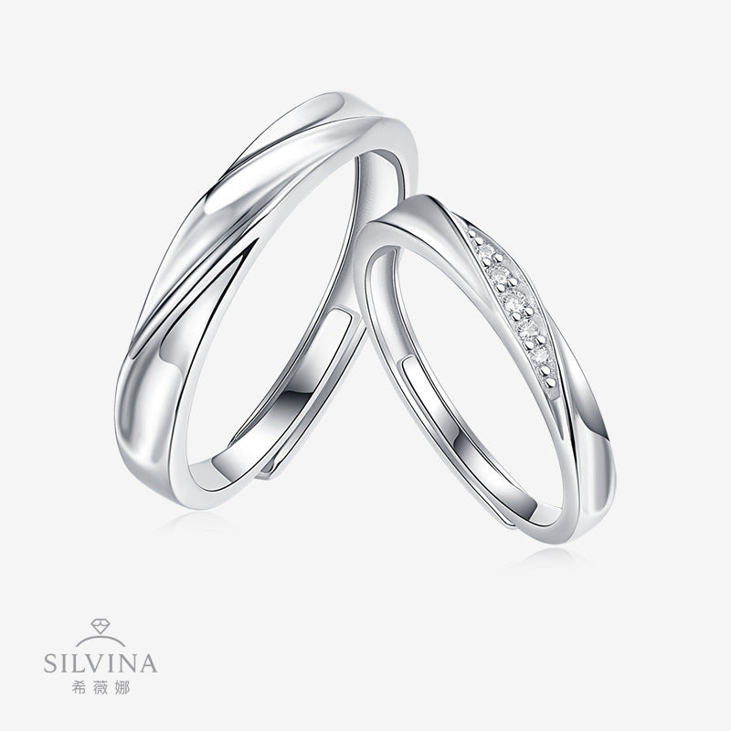 共渡爱河s999纯银戒指简约轻奢微镶莫桑石足银情侣指环情人节对戒