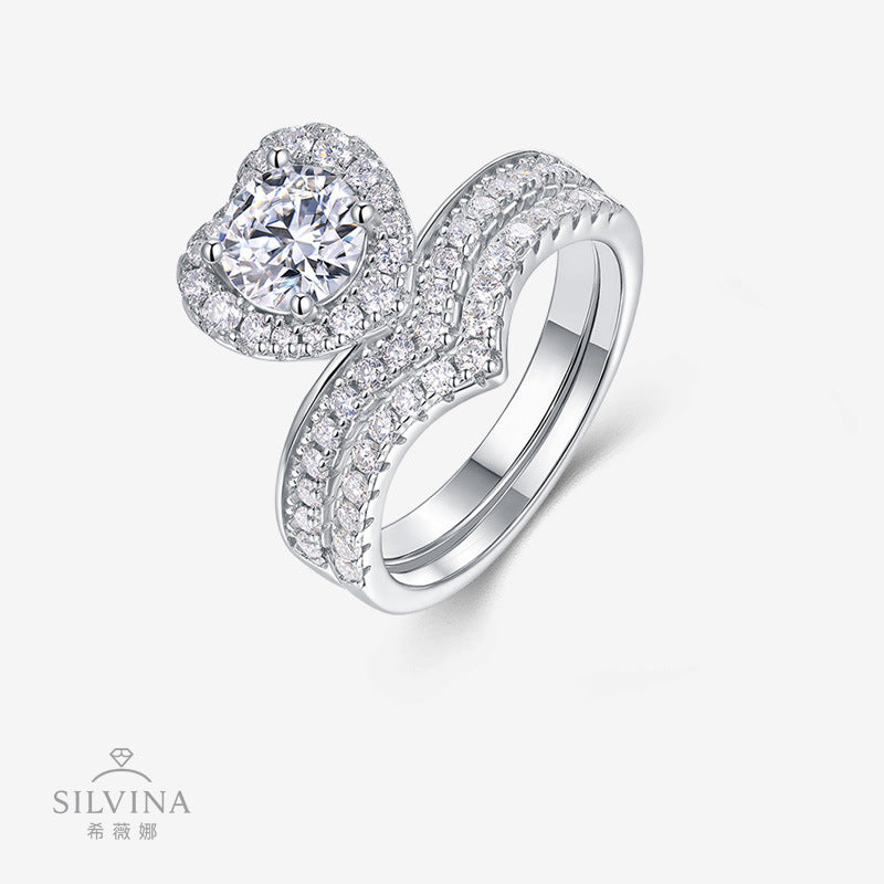 新款S925纯银镶嵌莫桑石灵蛇心形指环小众轻奢戒指女