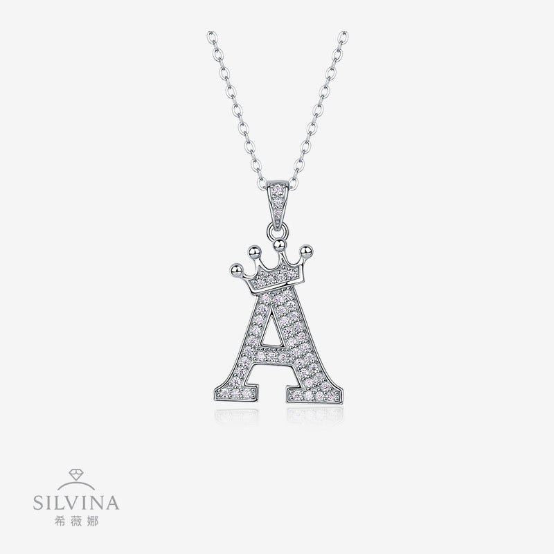 时尚皇冠26英文字母吊坠项链S925银莫桑男女嘻哈个性吊坠