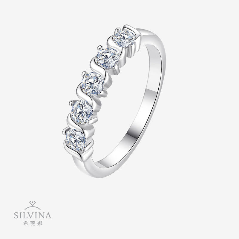 2025年新款极简主义排戒S925纯银波纹指环莫桑石叠戴戒指女