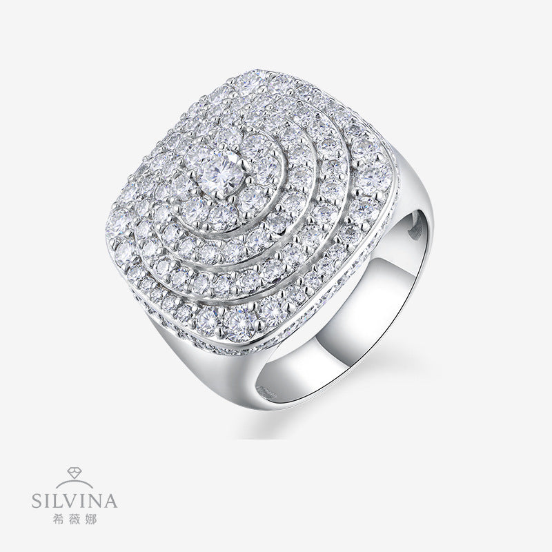 街头莫桑石男戒S925纯银显大钻夸张婚戒节日礼物大戒指