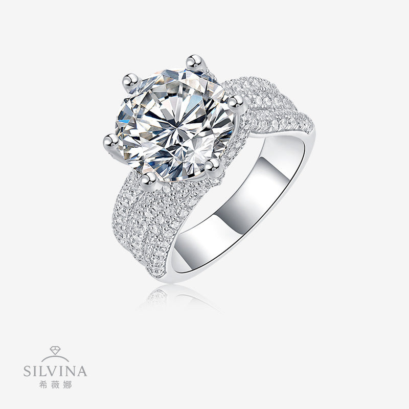 热销女豪华气质高奢戒指闭口女士求婚戒指S925银5克拉莫桑石