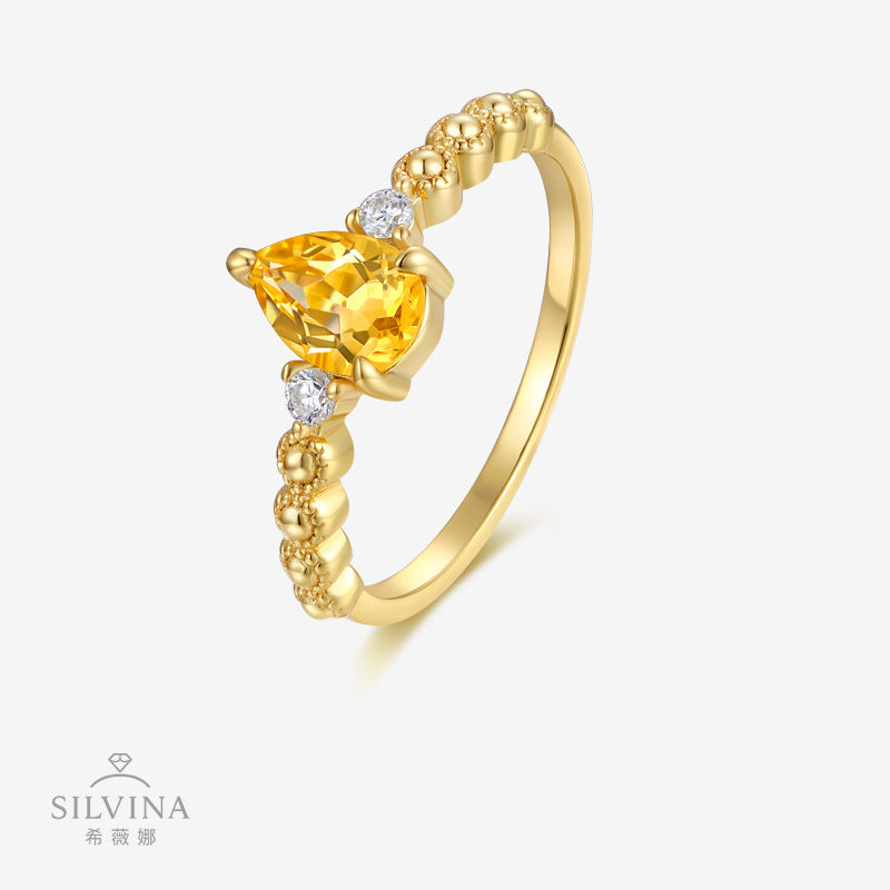 2025新款S925纯银1克拉梨形黄晶石戒指简约轻奢小众设计指环女款