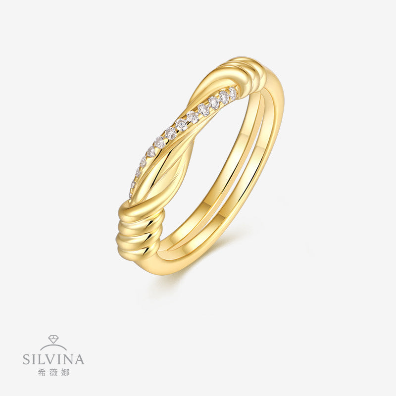 新款藤蔓扭绳女士时尚戒指 S925纯银D色莫桑石电镀18k黄女戒