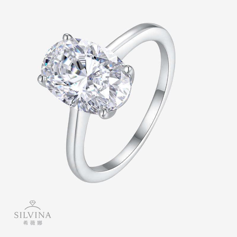 蛋形固口时尚戒指 S925纯银D色莫桑石电镀18k白金订婚戒指女