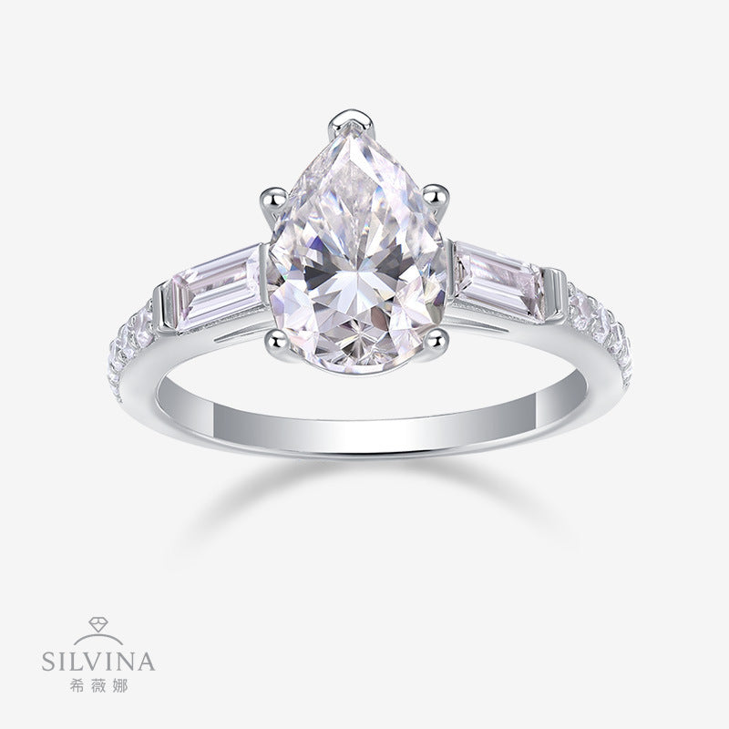 新款S925纯银戒指莫桑石豪镶闭口梨形女戒