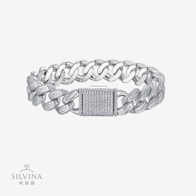 S925银莫桑石潮牌个性宽幅猪鼻扣号镶双排满镶嘻哈古巴链手链