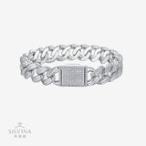 S925银莫桑石潮牌个性宽幅猪鼻扣号镶双排满镶嘻哈古巴链手链