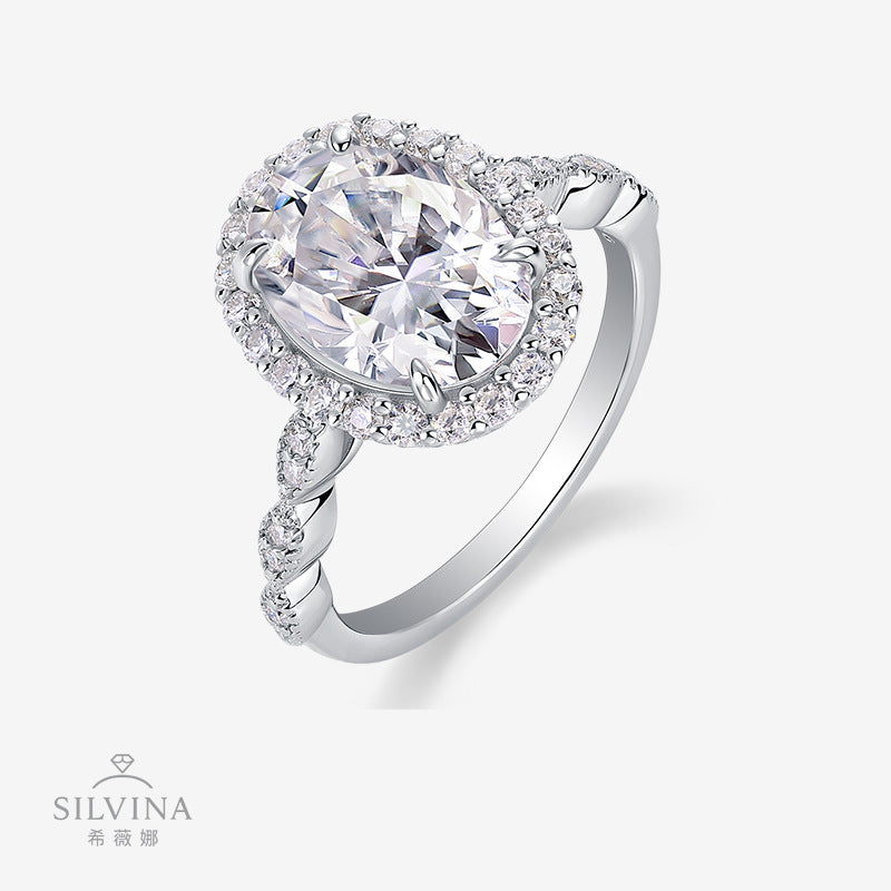 时尚高端蛋形8*10 S925纯银女士莫桑石婚戒