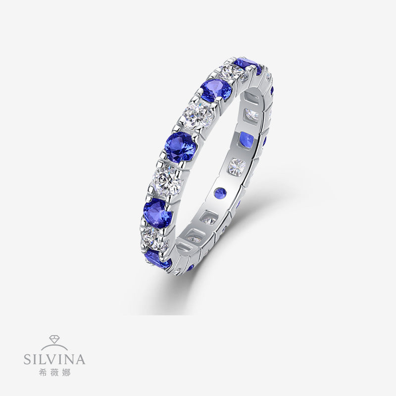 轻奢气质S925银戒指女绿宝红蓝宝石新款莫桑石戒子