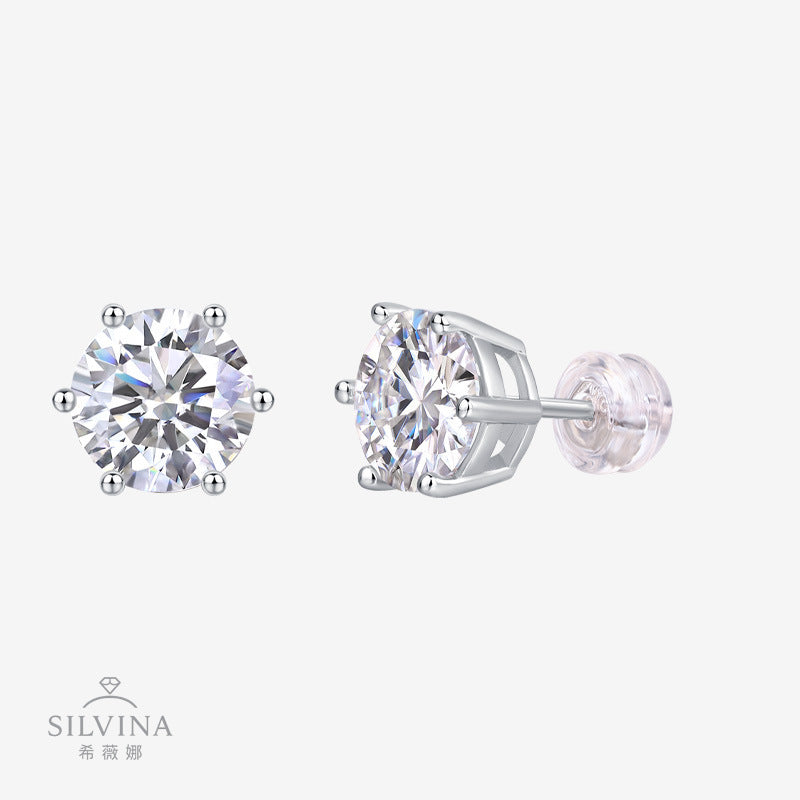 耳钉纯银镶嵌莫桑石金典6爪时尚百搭耳钉女款