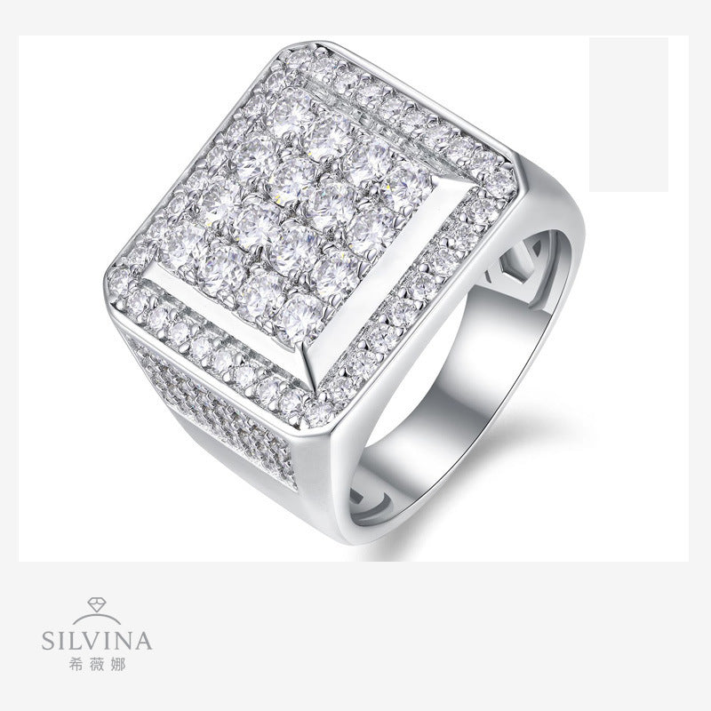 新款S925纯银方戒D色莫桑石戒子嘻哈潮流款奢华男士戒指