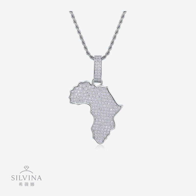 新款925纯银电镀镶嵌吊坠地图嘻哈HIPHOP饰品项链男