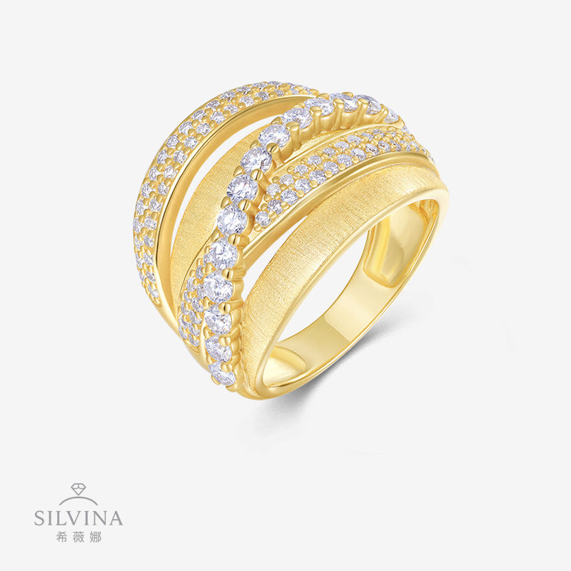 新款S925银拉丝金交叉满镶莫桑石戒指时尚轻奢小众指环