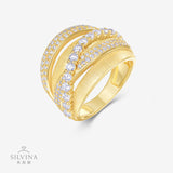 新款S925银拉丝金交叉满镶莫桑石戒指时尚轻奢小众指环