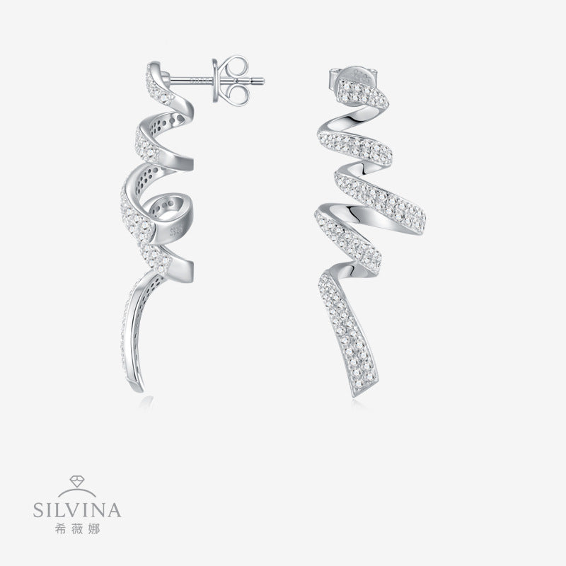 新款S925银欧式风莫桑石耳钉个性简约螺旋型长款S形状耳环女