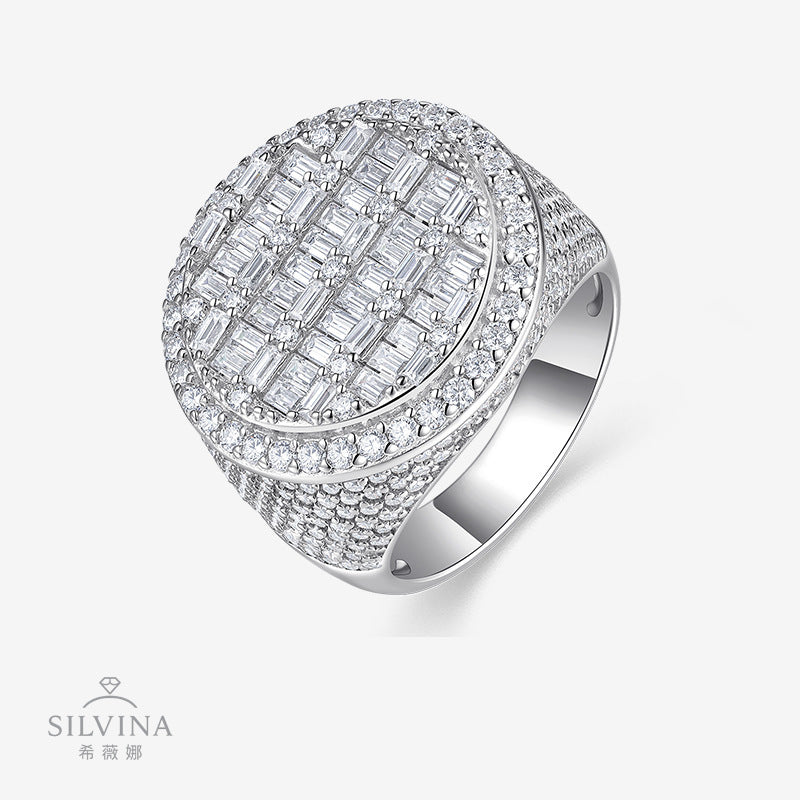 嘻哈男士戒指莫桑石镶嵌925银大号男戒嘻哈潮男饰品