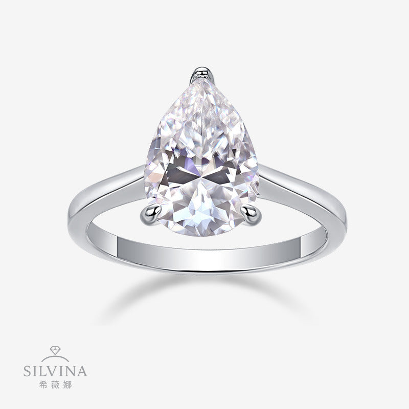 Shopify供应 S925纯银戒指梨形莫桑石戒指女戒