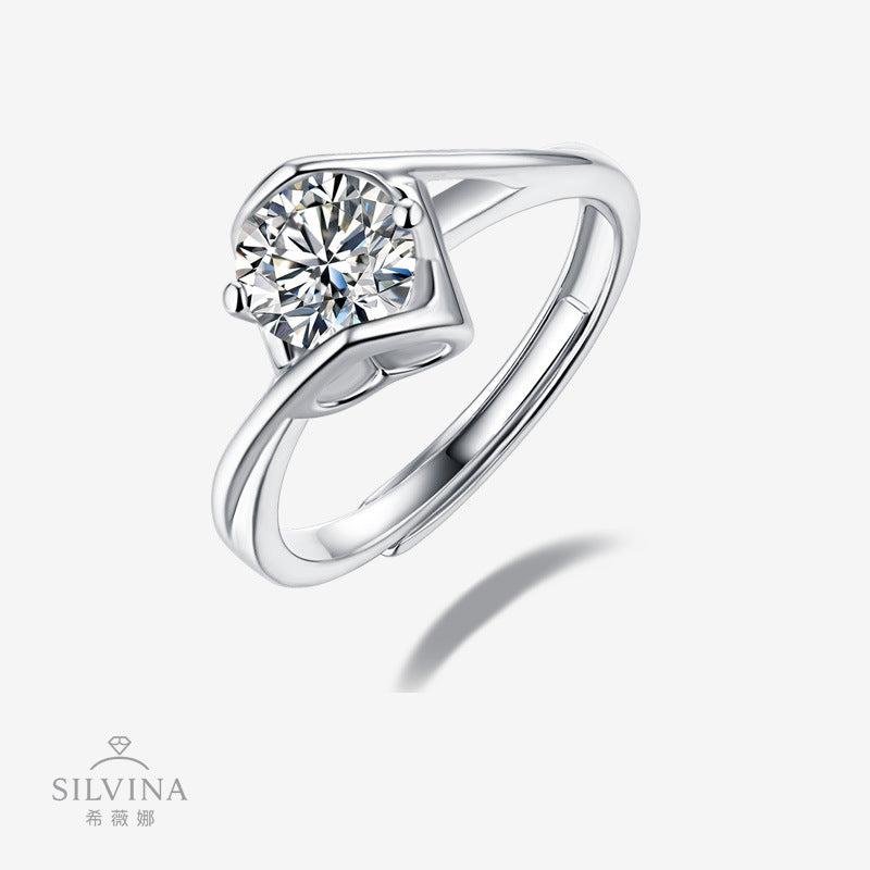 莫桑石六爪轻奢开口戒指纯银时尚