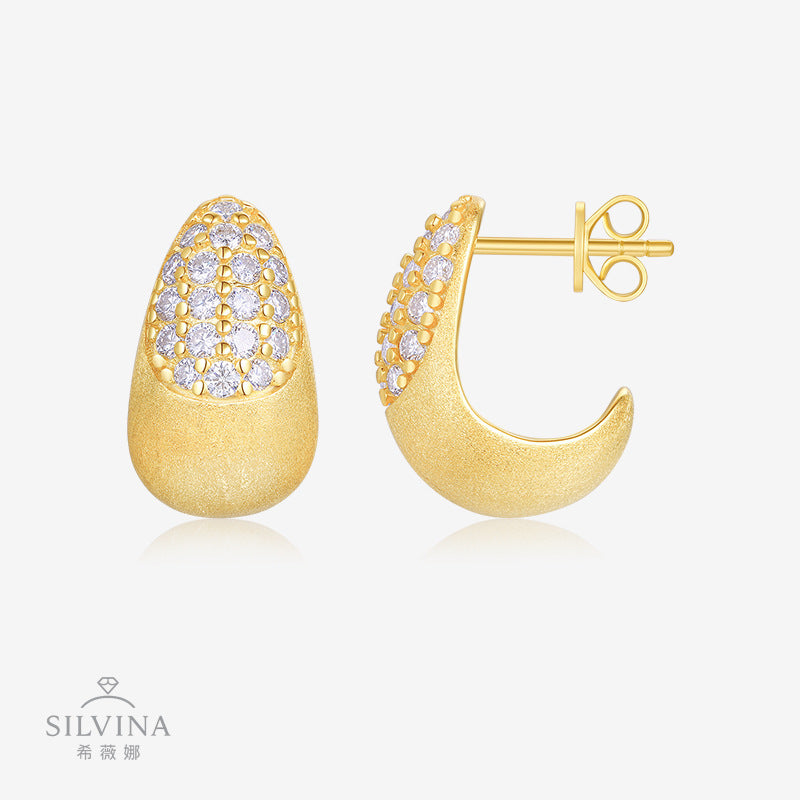 纯银精工镀18k金耳钉赫本风气质优雅个性设计水滴月形耳环女