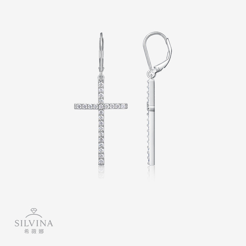 时尚精工多色十字架耳坠耳钉镶莫桑石耳环饰品女