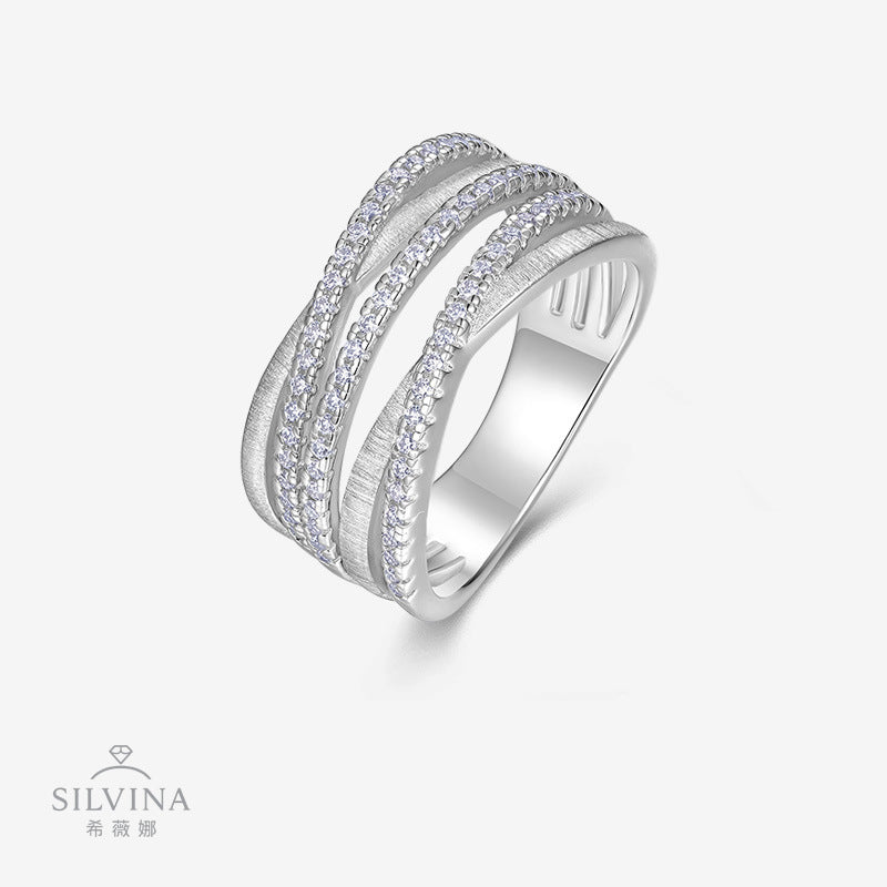 S925纯银精致戒指嘻哈风线条缠绕指环百搭拉丝银色闪亮女戒