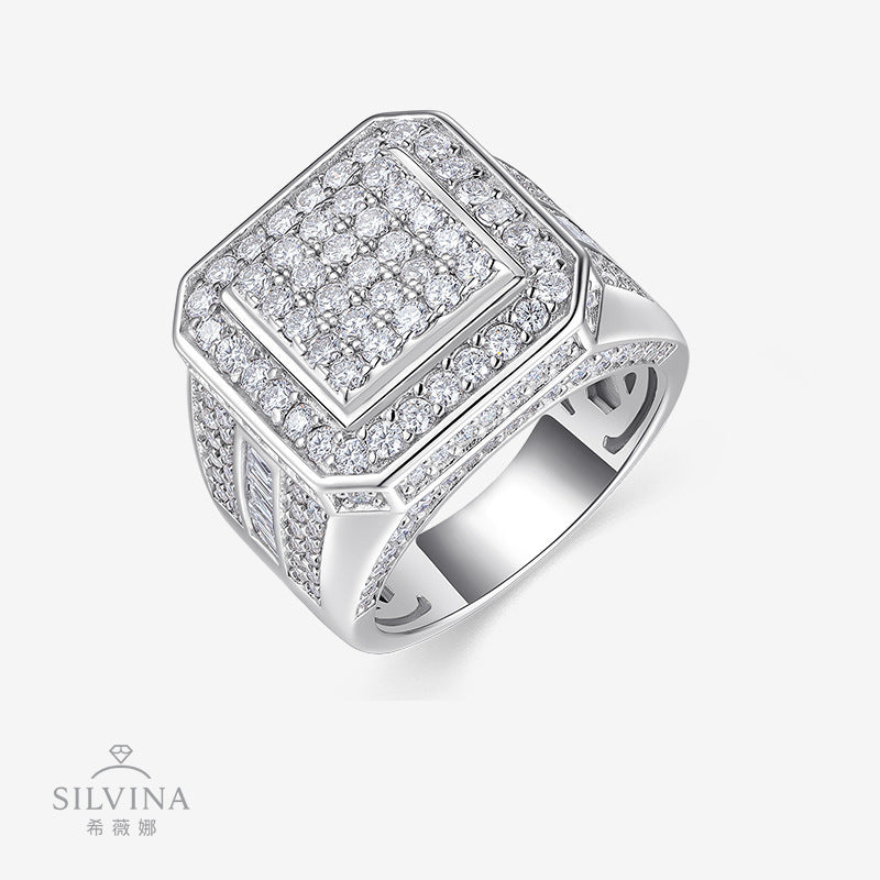 嘻哈风莫桑石男戒 925纯银夸张设计大号男士戒指全莫桑戒指