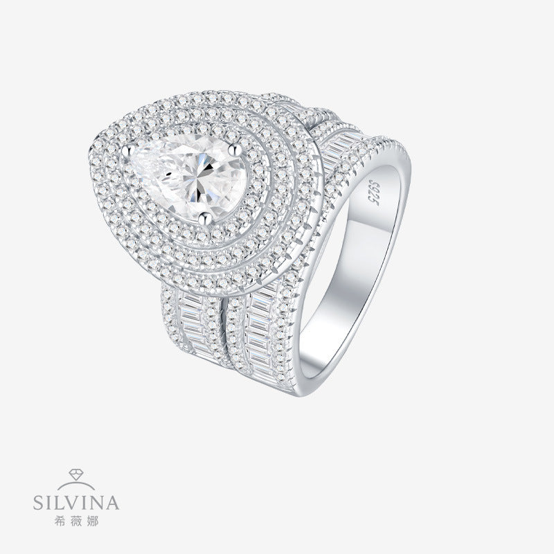 新款闪梨形满镶莫桑石套戒个性轻奢叠戴纯银戒指女