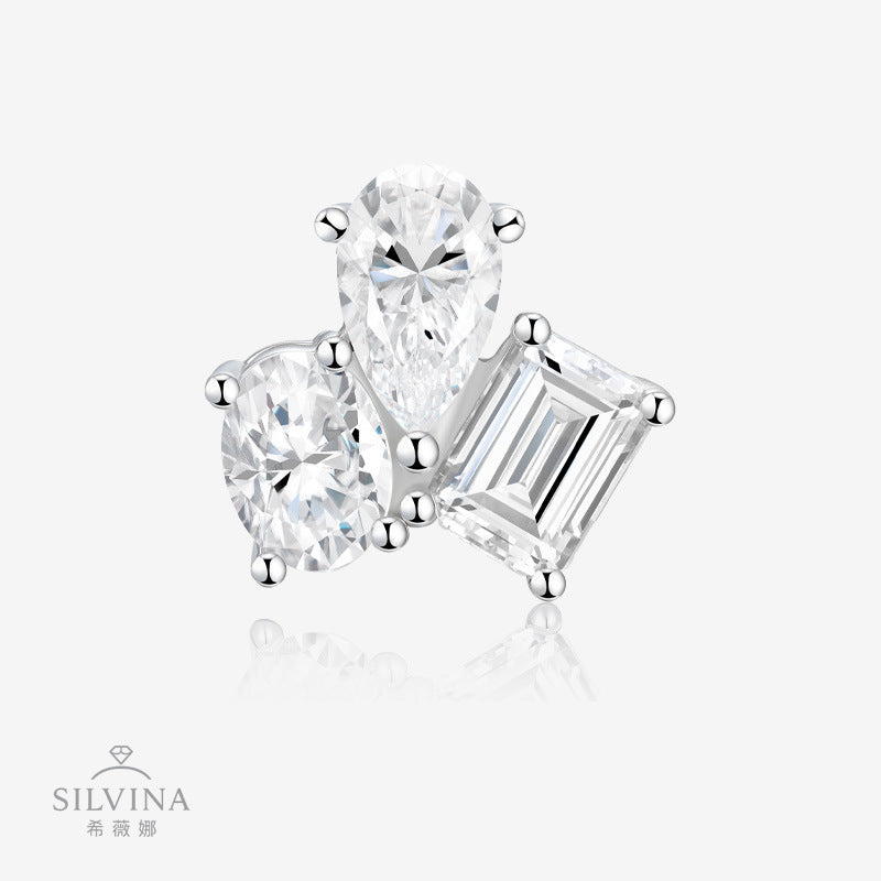 s925莫桑石异形耳钉多层电镀白金时尚轻奢方形耳钉几何耳饰