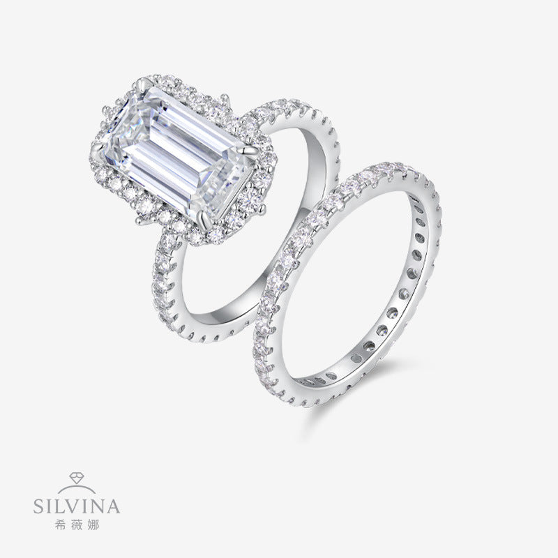 叠戴戒指7*12mm长方形925银莫桑石戒指女