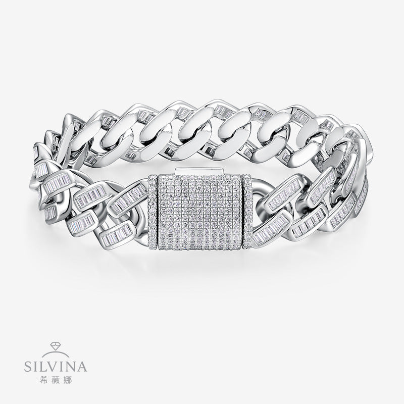 新款嘻哈手链S925纯银D色莫桑石简约男士手饰