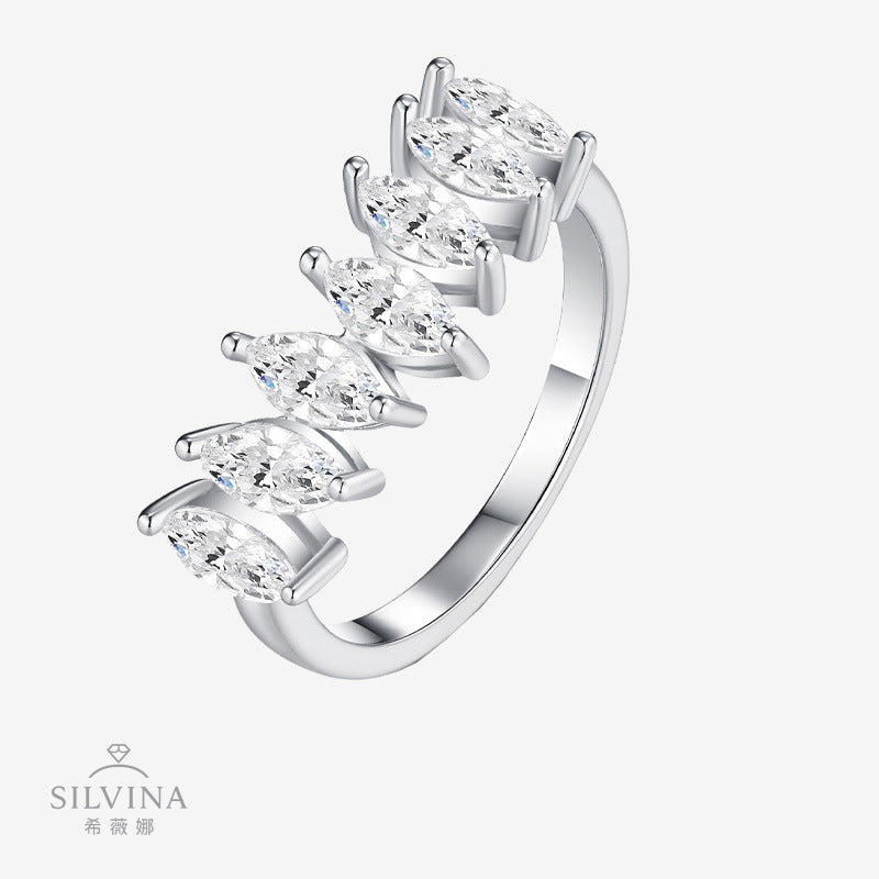 新款S925纯银马眼形莫桑石指环时尚个性戒指女款