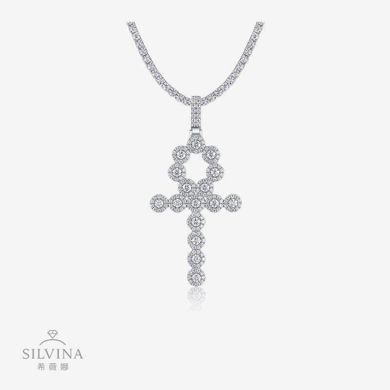 可穿网球链925银莫桑十字架吊坠 男女同款嘻哈莫桑石吊坠项链