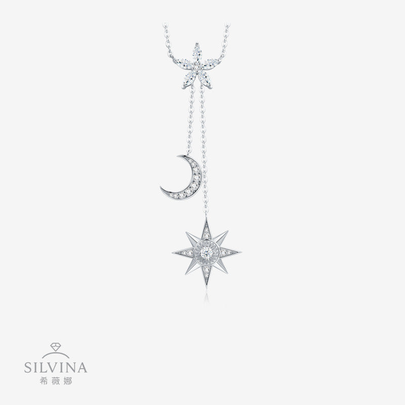 新款S925纯银莫桑石项链时尚轻奢星月长款流苏锁骨链女