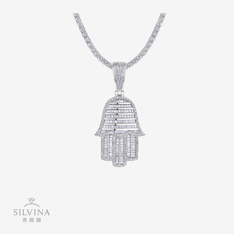 新款嘻哈佛塔手掌吊坠饰品S925纯银莫桑石个性经典百搭项链男