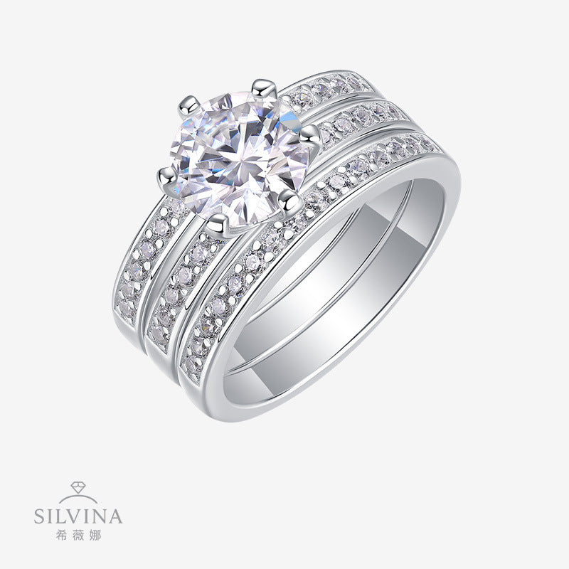 热销S925银闭口戒指3色莫桑石叠戴婚戒套戒