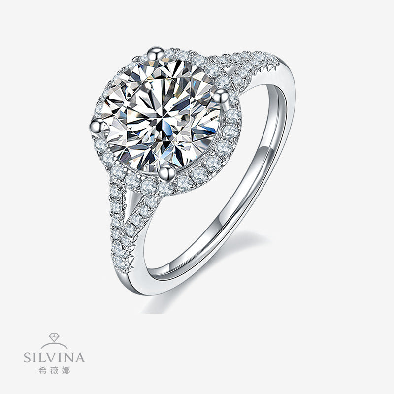 S925银镀莫桑石戒指 经典四爪伴钻3克拉戒指时尚设计圆莫桑指