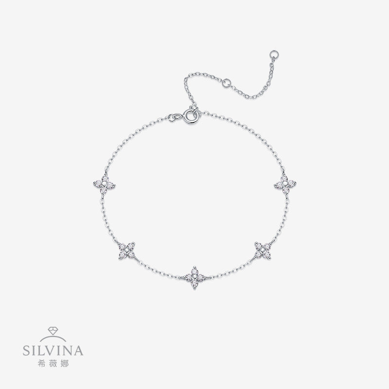 可调节四叶草电镀18K白金手链 热销s925纯银莫桑石手链女