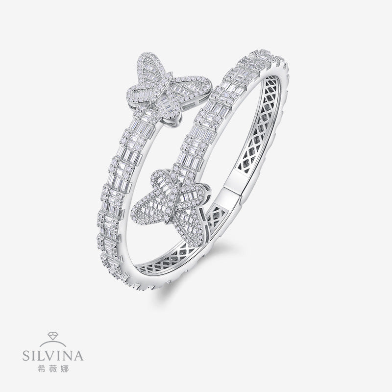 东南亚热销S925银镶D色莫桑石嘻哈蝴蝶手镯純銀莫桑石