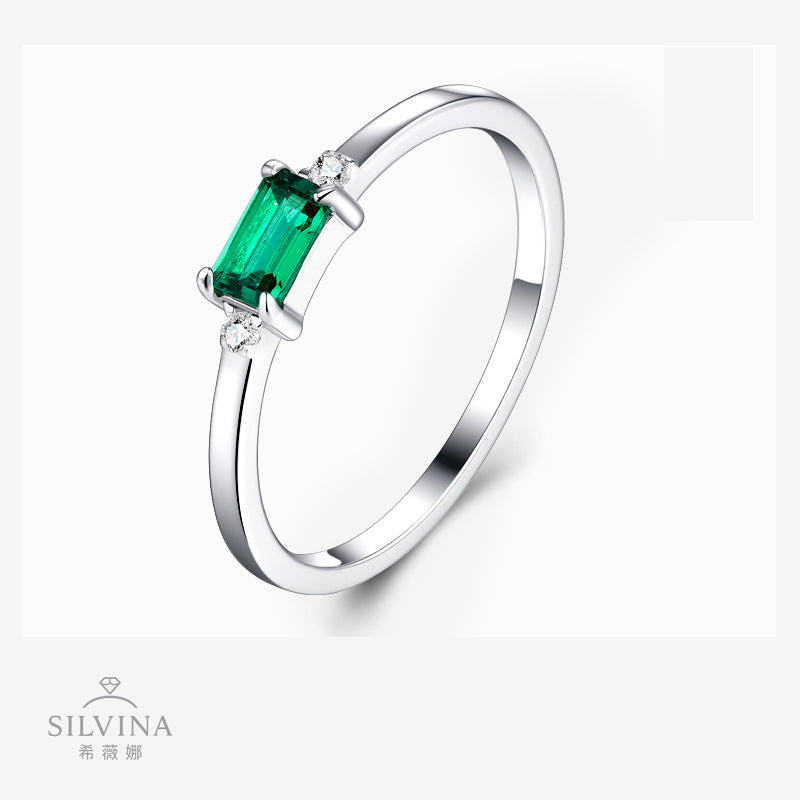 新款S925纯银八角形祖母绿戒指女轻奢时尚简约指环