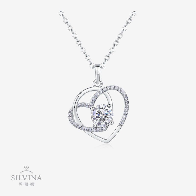 心形s925银叠戴莫桑石吊坠项链轻奢纯银饰品