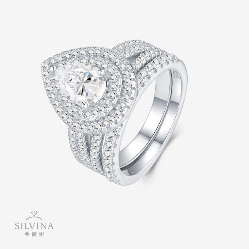 新款S925纯银水滴梨形莫桑石两层叠戴戒子轻奢戒指