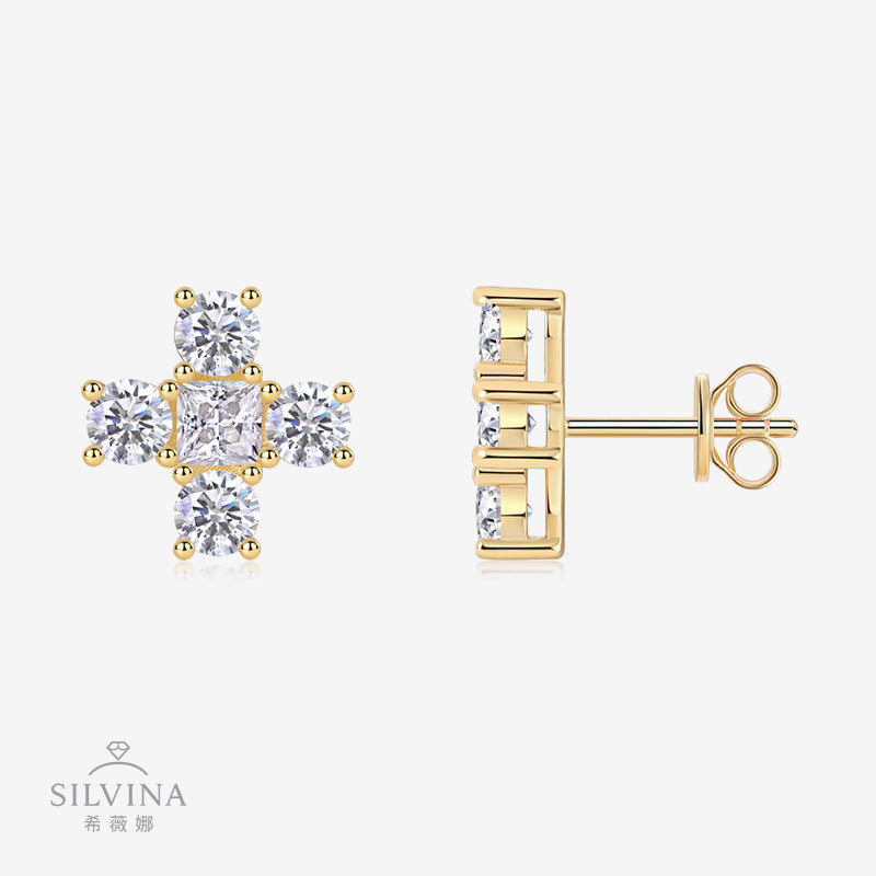 S925银十字架莫桑石耳钉首饰简约