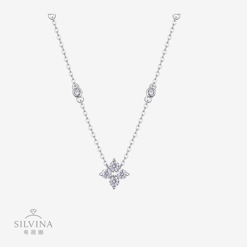 纯银莫桑石四叶草吊坠项链电镀18K白金女士几何吊坠